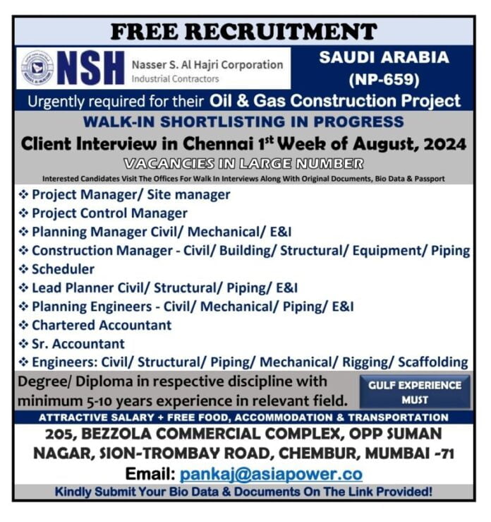 NSH Free Recruitment For Saudi Arabia Oil Gas Constrcution Project