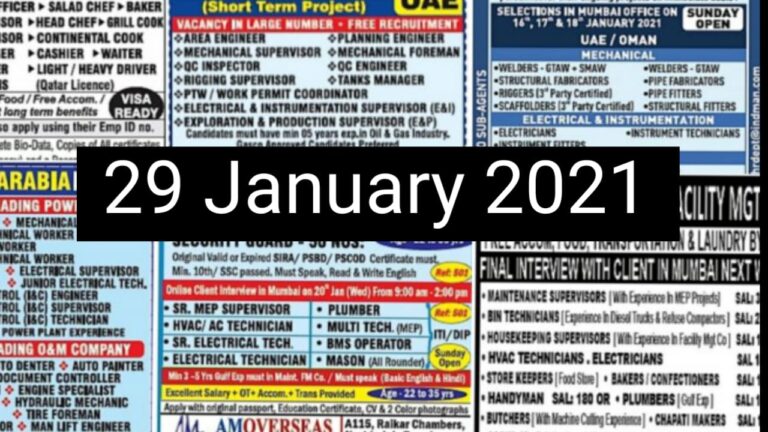 Overseas jobs – Gulf job vacancy for indians 29 january 2021 600+