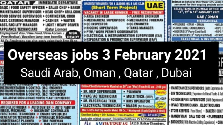 Assignment Abroad – Overseas jobs 3 February 2021 | 500+ gulf vacancies
