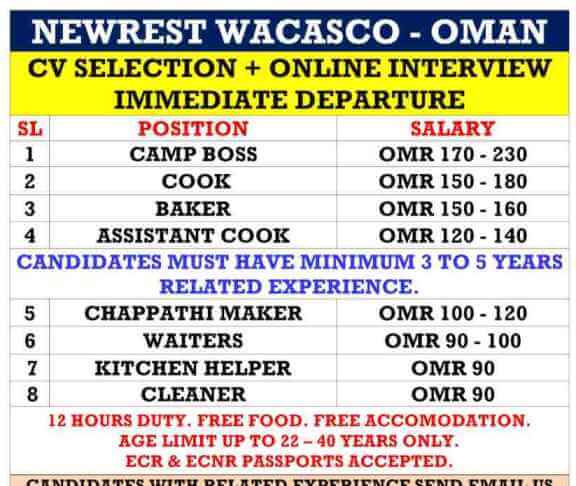 Cook jobs – Urgent requirement for Oman in Newrest Wacasco