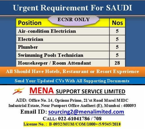 Read more about the article Gulf  jobs Saudi Arabia – Requirement for hotel and restaurant 48+ seats