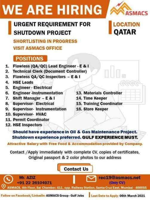 Jobs in Qatar - Urgent requirement for Shutdown project