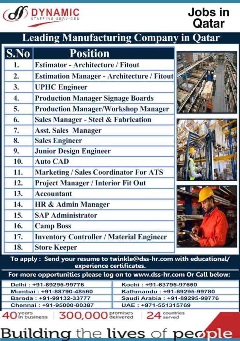 Jobs in Qatar -Requirement in a leading manufacture company