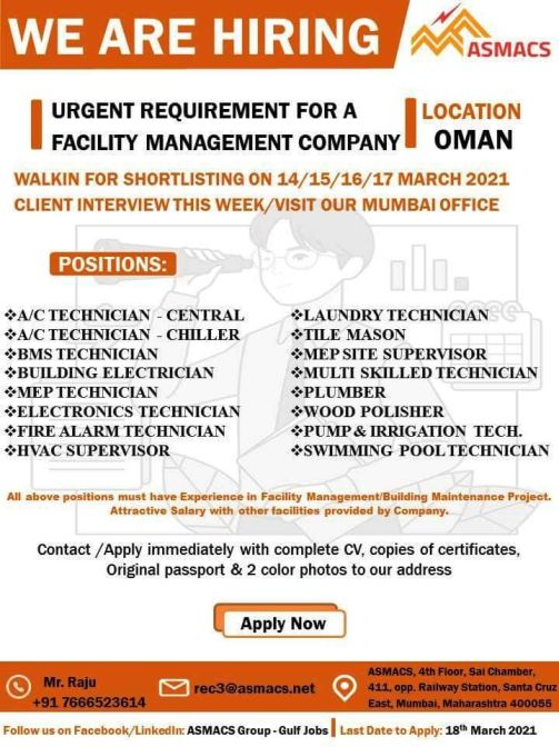 Oman job vacancies Requirement in a facility management company
