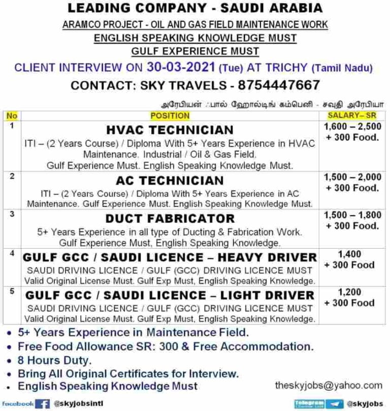 ARAMCO Project – Required in Saudi Arabia for Oil and Gas field maintenance work