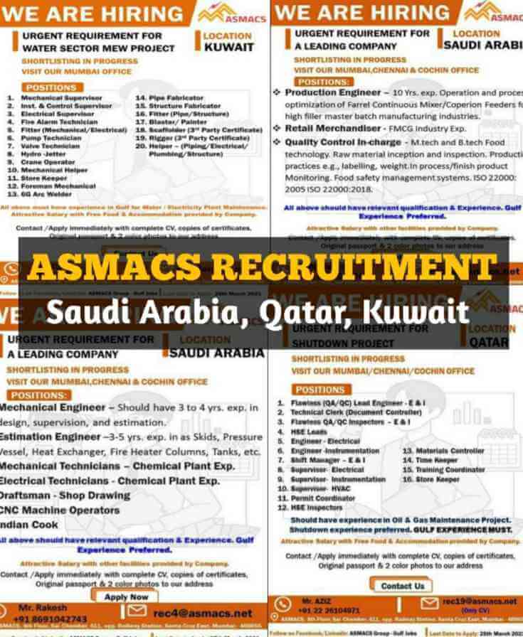 ASMACS Recruitment -Saudi Arabia Jobs | Qatar Jobs | Kuwait Jobs
