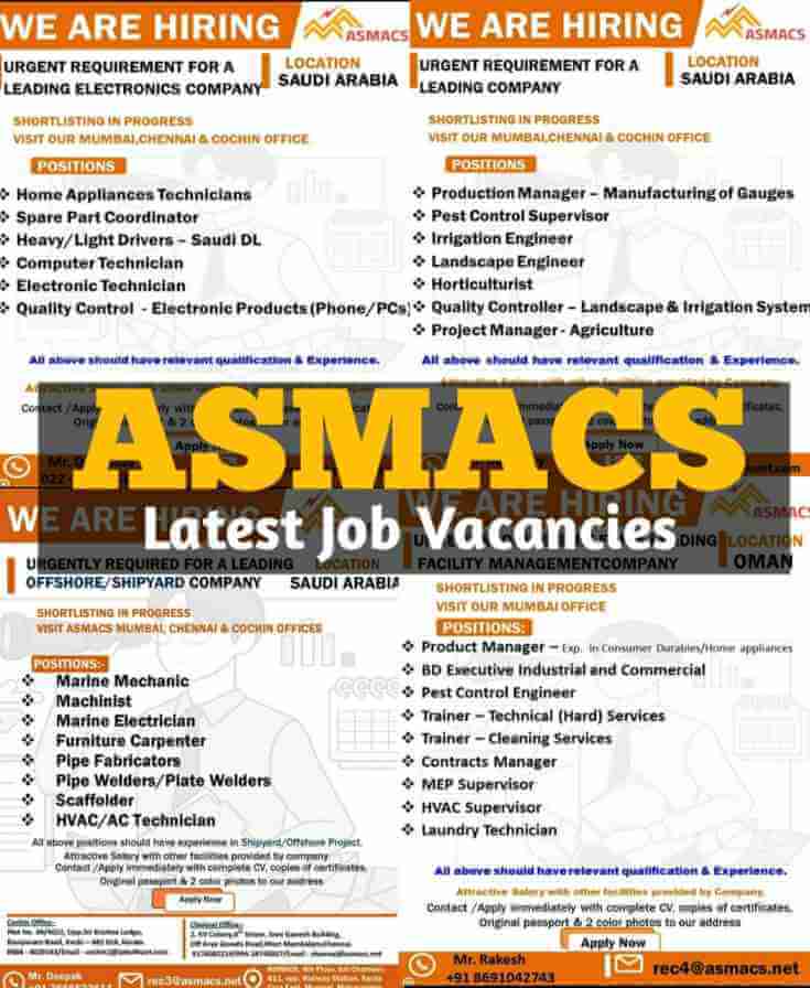 ASMACS Vacancies – Jobs in Saudi Arabia | Jobs in Qatar | Jobs in UAE | Overseas jobs