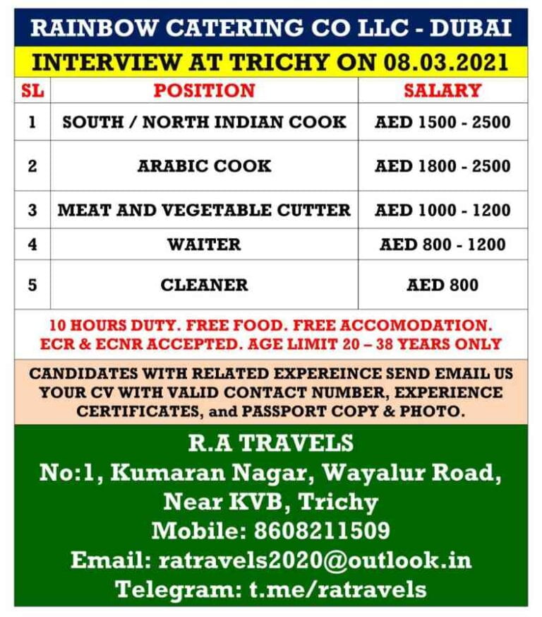 Catering Jobs – Requirement in Rainbow catering Co LLC | Dubai