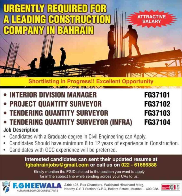 Construction jobs – Urgent requirement for a leading company in Bahrain
