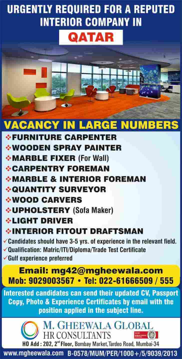 Gulf jobs Qatar – Urgently required for a reputed Interior company