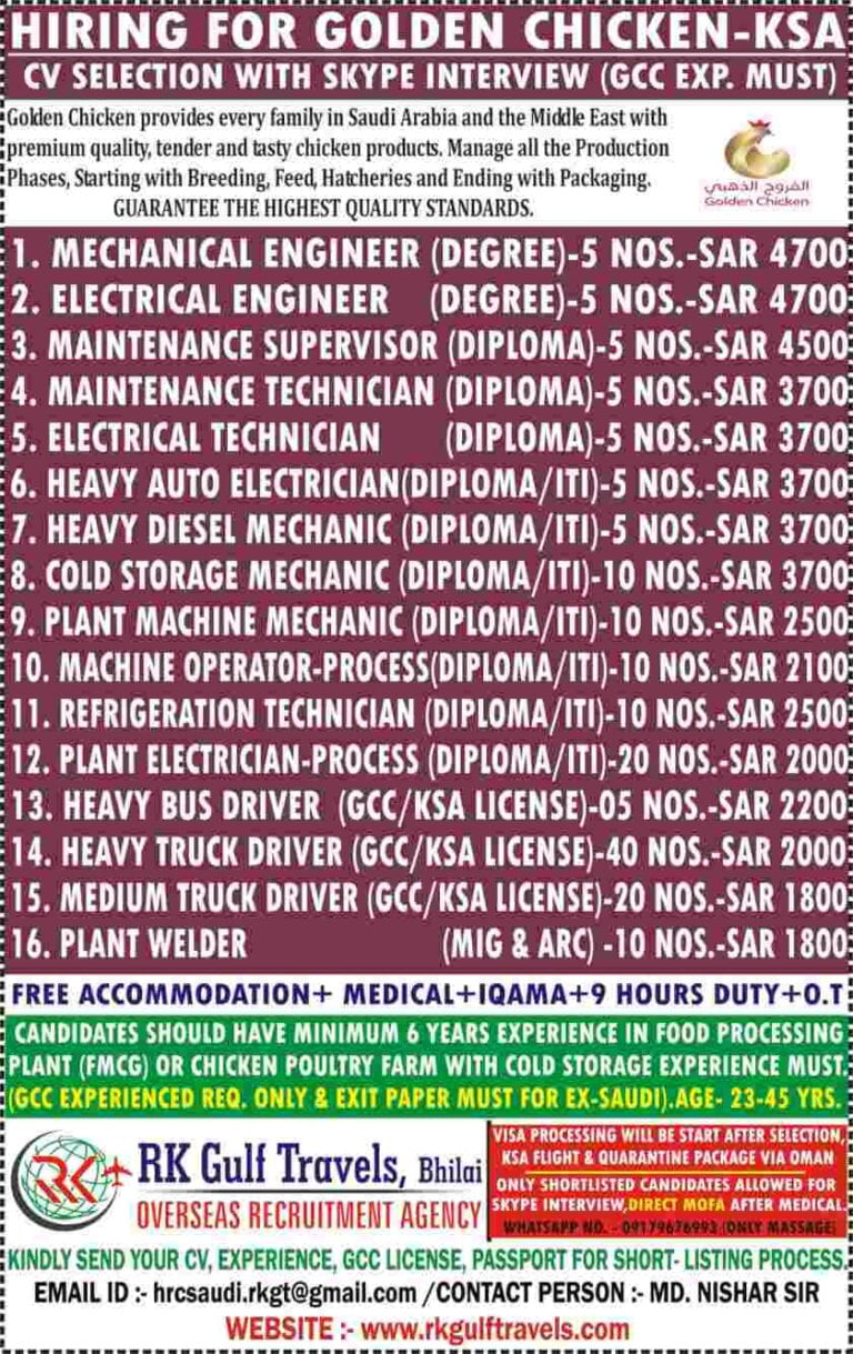 Jobs in Saudi Arabia – Hiring for Golden Chicken | GCC Experience