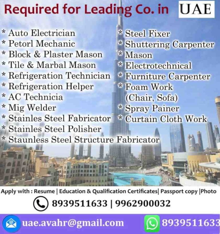 Jobs in UAE – Urgent requirement for a leading company | Direct Interview
