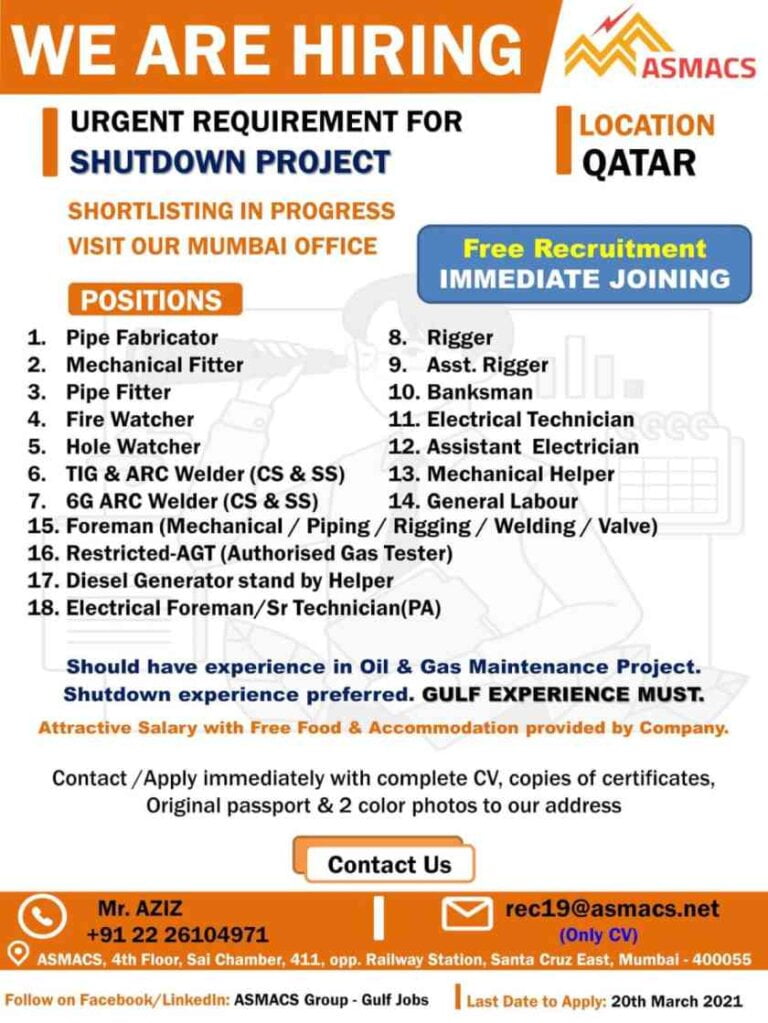 Gulf job vacancy Mumbai – Requirement for a shutdown project in Qatar