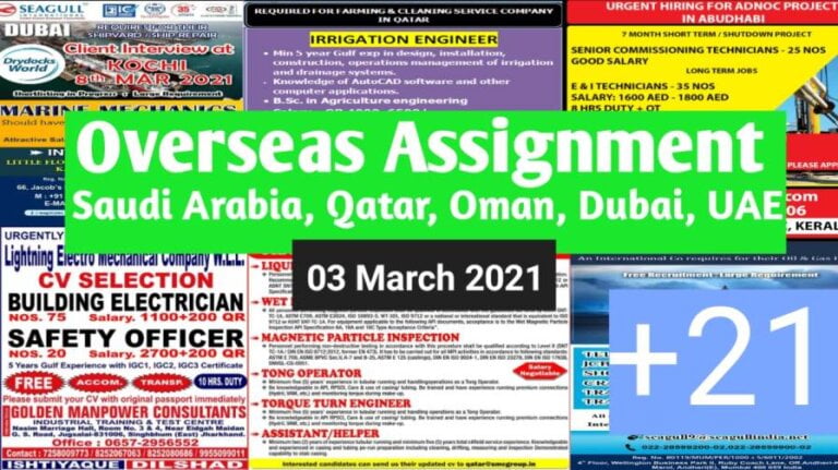 Overseas Assignment | Gulf-walkin interview for Indians | Gulf job vacancy