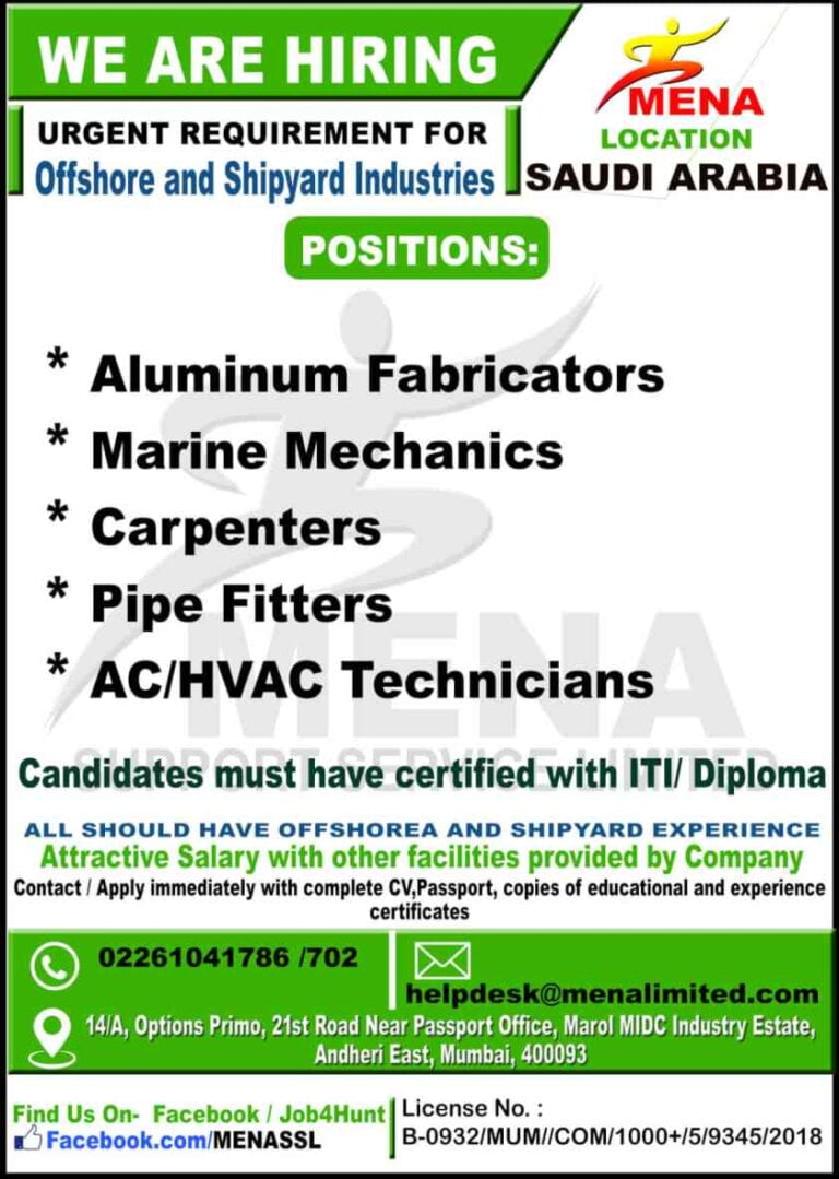 Gulf Job Saudi Arabia – Requirement for Offshore and Shipyard Industries