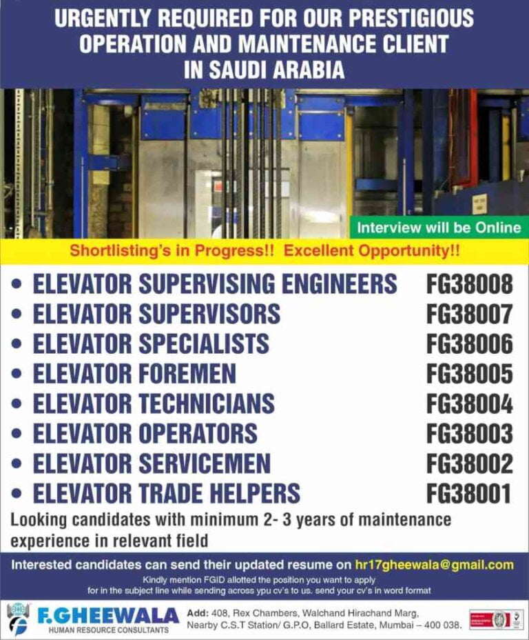 Gulf job Saudi Arabia – Required for Prestigious operation and maintenance company