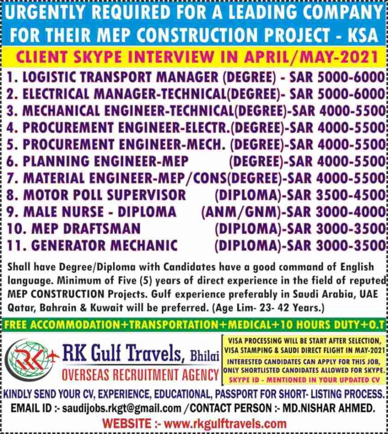 Saudi Arabia Jobs – Urgently required for their MEP Construction Project