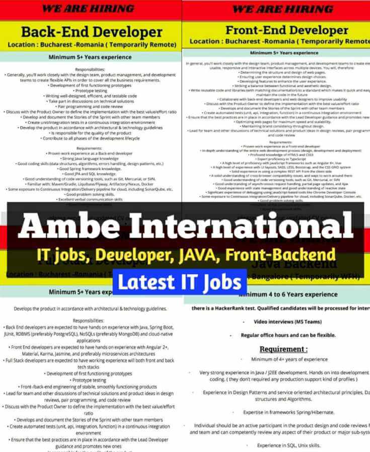 Read more about the article IT Jobs Romania – Requirement for Java Backend, Front and Backend Developer | Ambe International