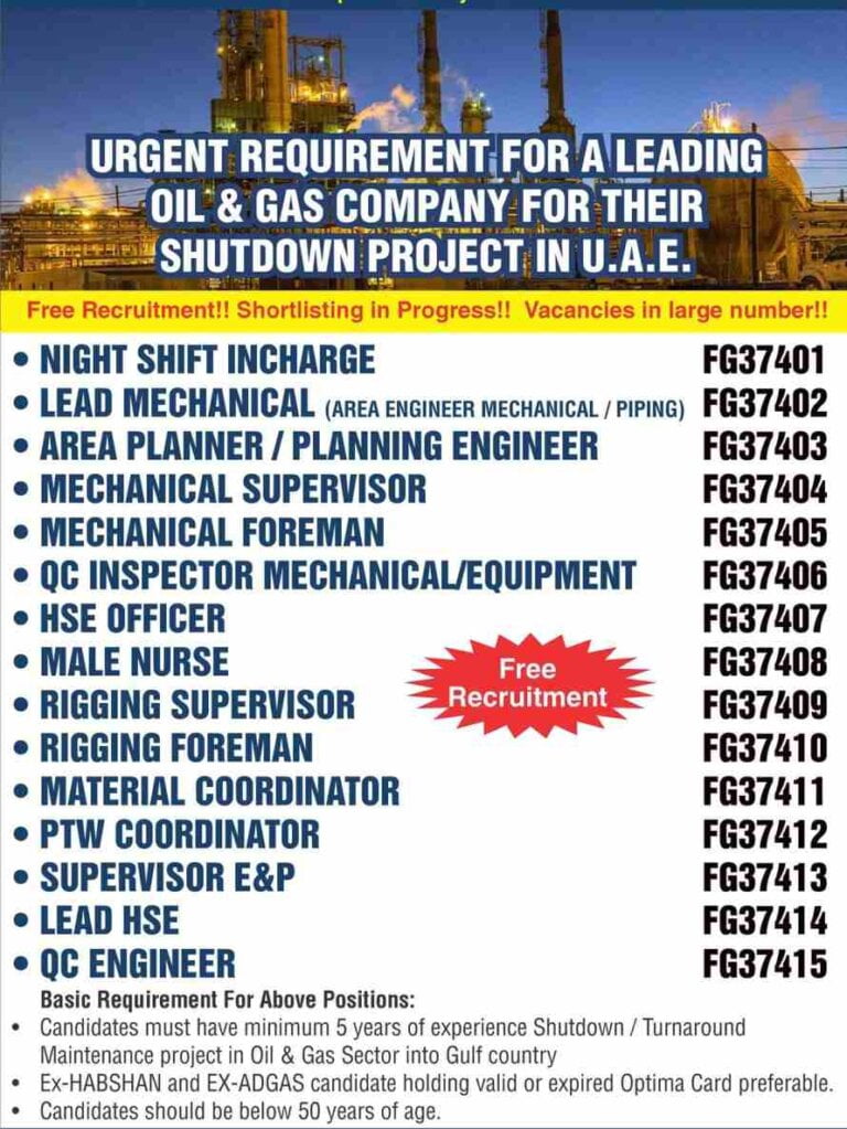 Shutdown Project UAE – Requirement for a leading Oil and Gas Company
