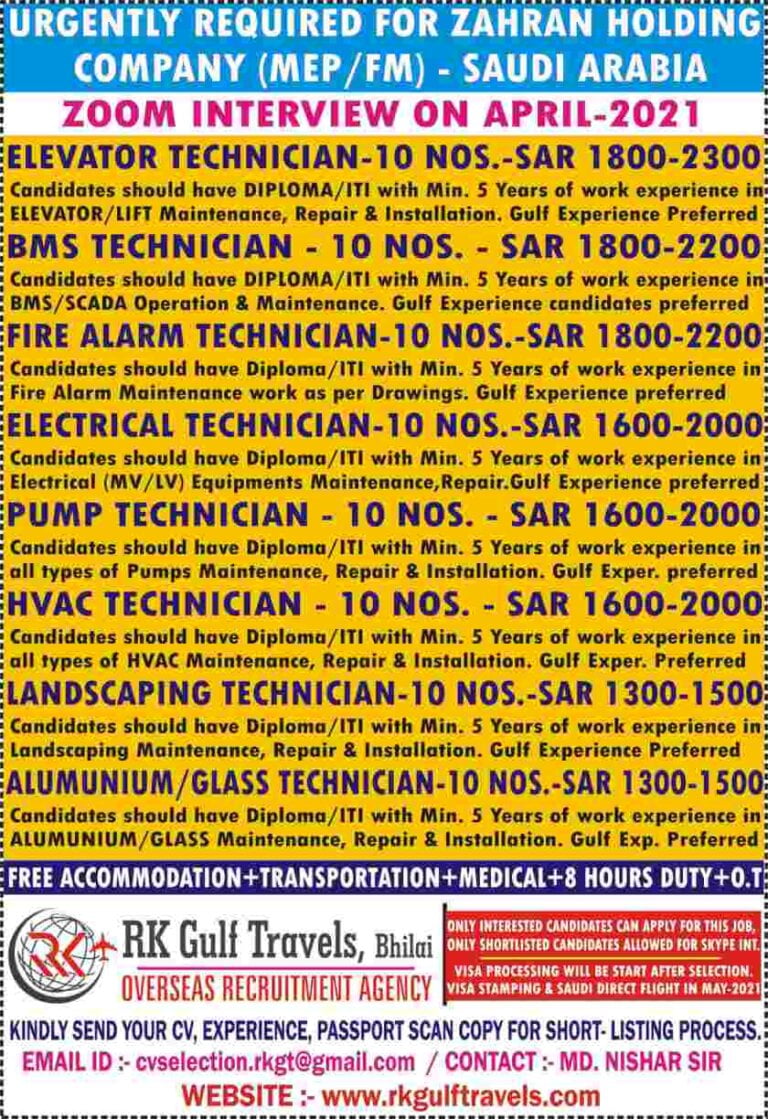 Zahran Holding Company – Urgent requirement for Technicians in Saudi Arabia