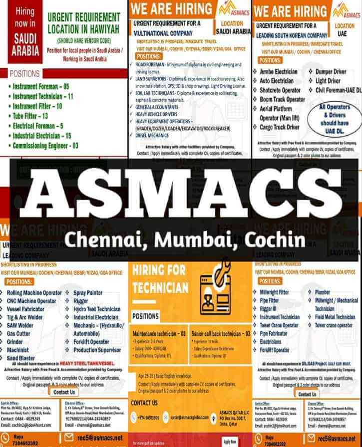 Gulf Jobs – Interview in Chennai, Mumbai and Cochin | Overseas employment news