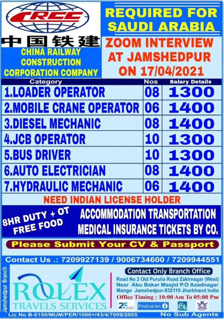 China Railway Construction – Required for Saudi Arabia | Need Indian licence holder