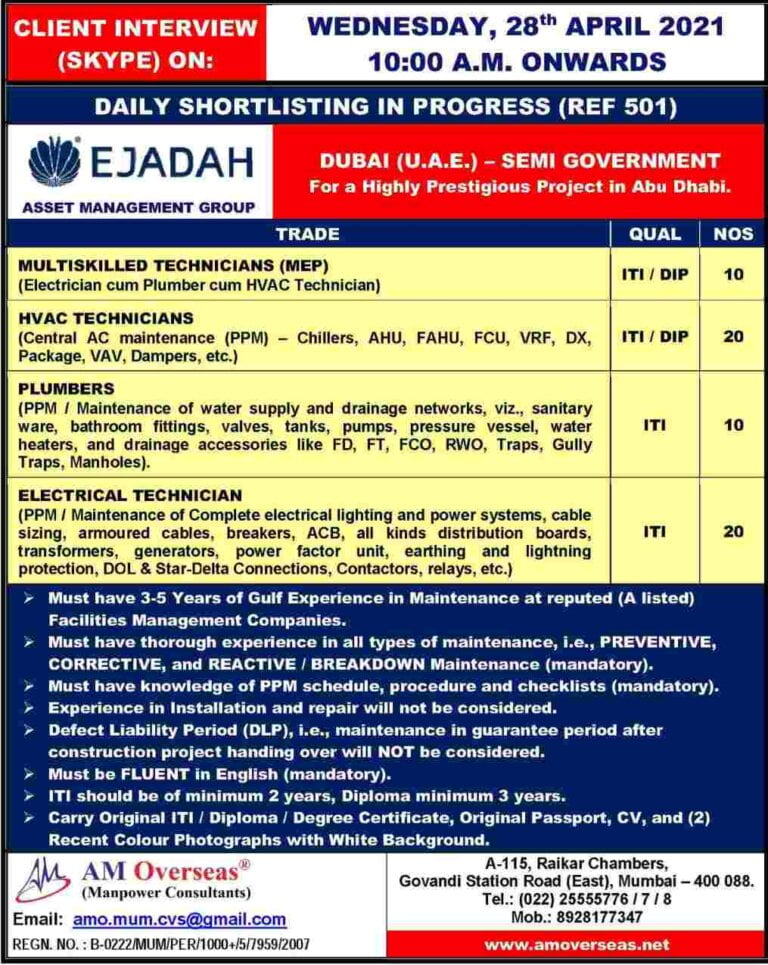 Gulf Jobs – Required for Semi Government highly prestigious project in Abu Dhabi