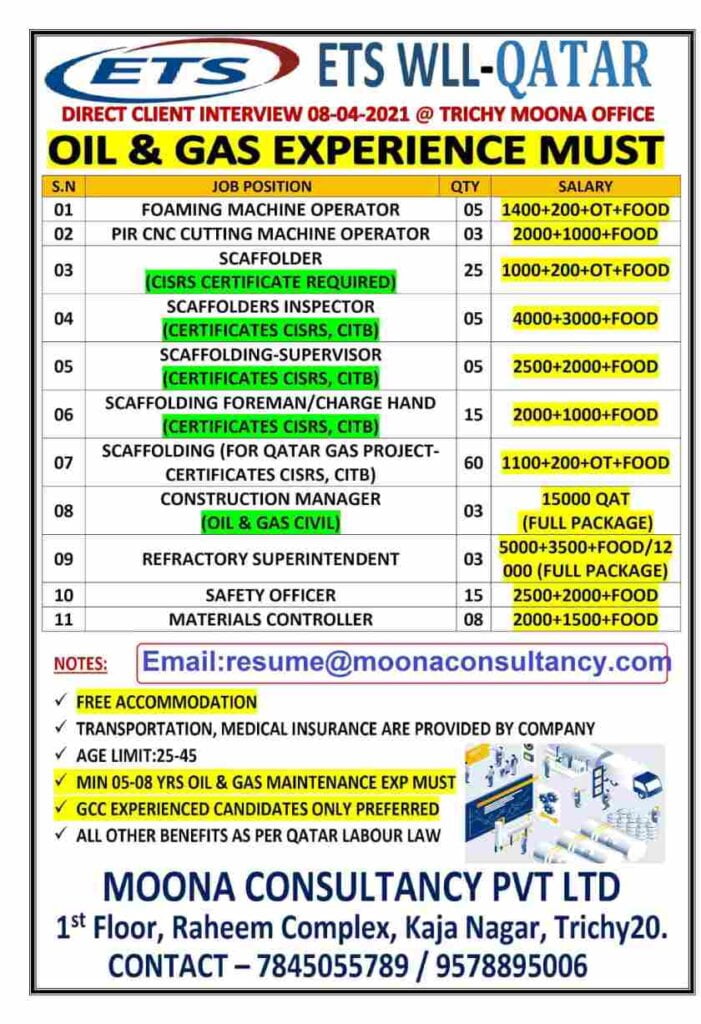 Gulf job Qatar - Large requirement in Oil and Gas company