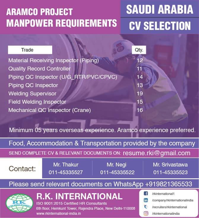 Read more about the article Saudi Aramco Project – Gulf Job Vacancy | Manpower large Job Requirement | R.K International