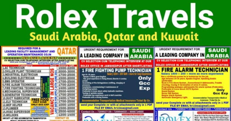 Overseas Job Vacancy – Rolex Travels | Requirement For Saudi Arabia / Qatar / Kuwait / Bahrain