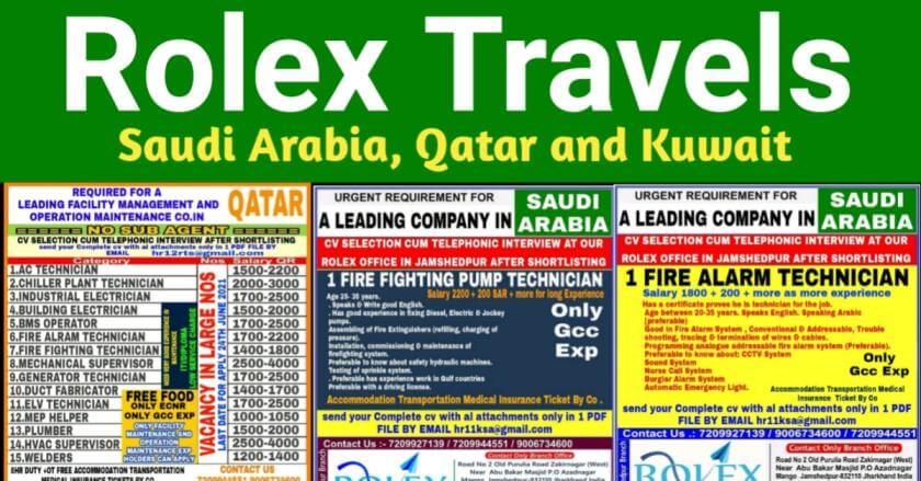 Read more about the article Overseas Job Vacancy – Rolex Travels | Requirement For Saudi Arabia / Qatar / Kuwait / Bahrain