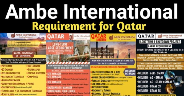 Jobs In Qatar – Requirement for Shutdown Project / Oil And Gas Company | Ambe International Jobs