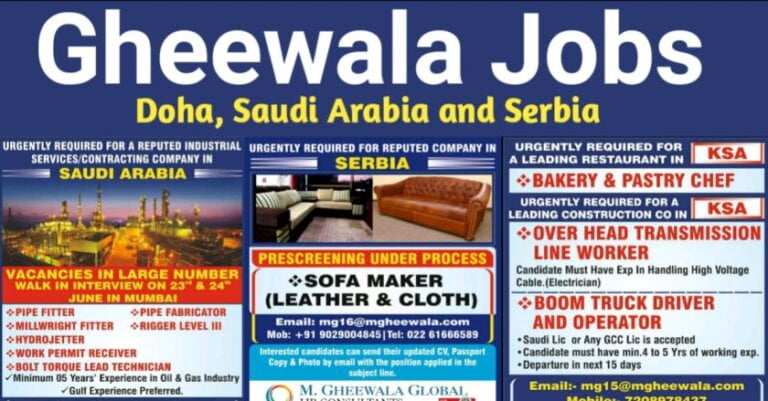 Jobs At Gulf – Gheewala Job Requirement For 4 Star Hotel / Restaurant / Facility Management Company