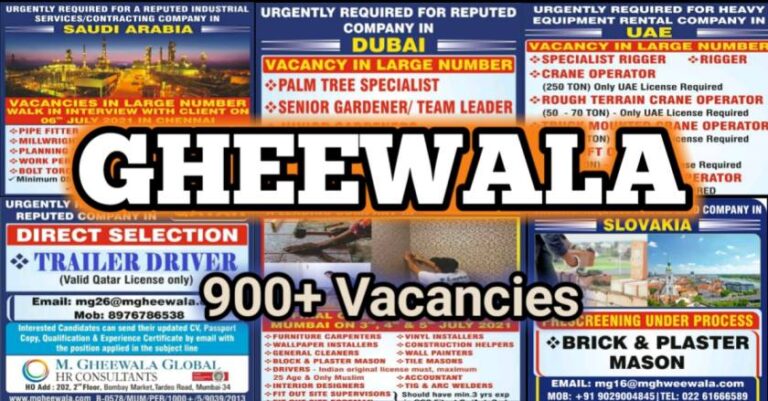 Gulf Jobs – Gheewala Mumbai Large Vacancies Requirement For Saudi Arabia / Qatar / UAE / Slovakia