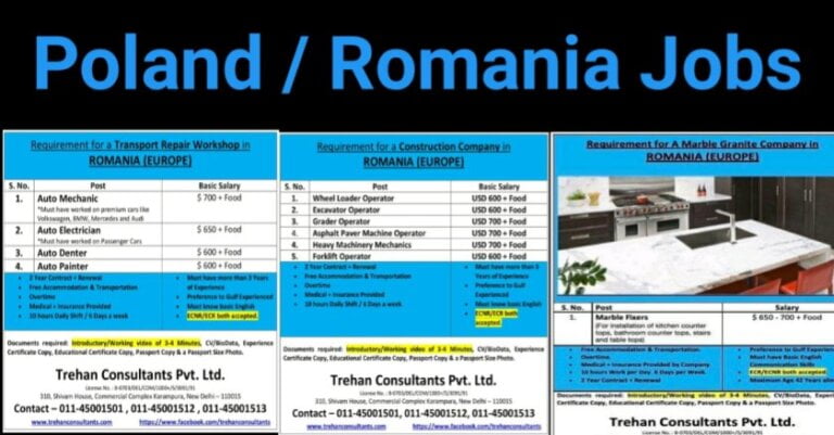 Jobs In Europe – Requirement For Romania And Poland | Transport Repair Workshop / Construction Company