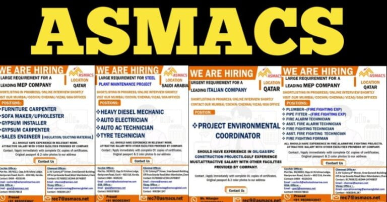 Jobs In Saudi Arabia And Qatar – Requirement For Steel Plant / Shutdown Project / MEP / Elevator Company