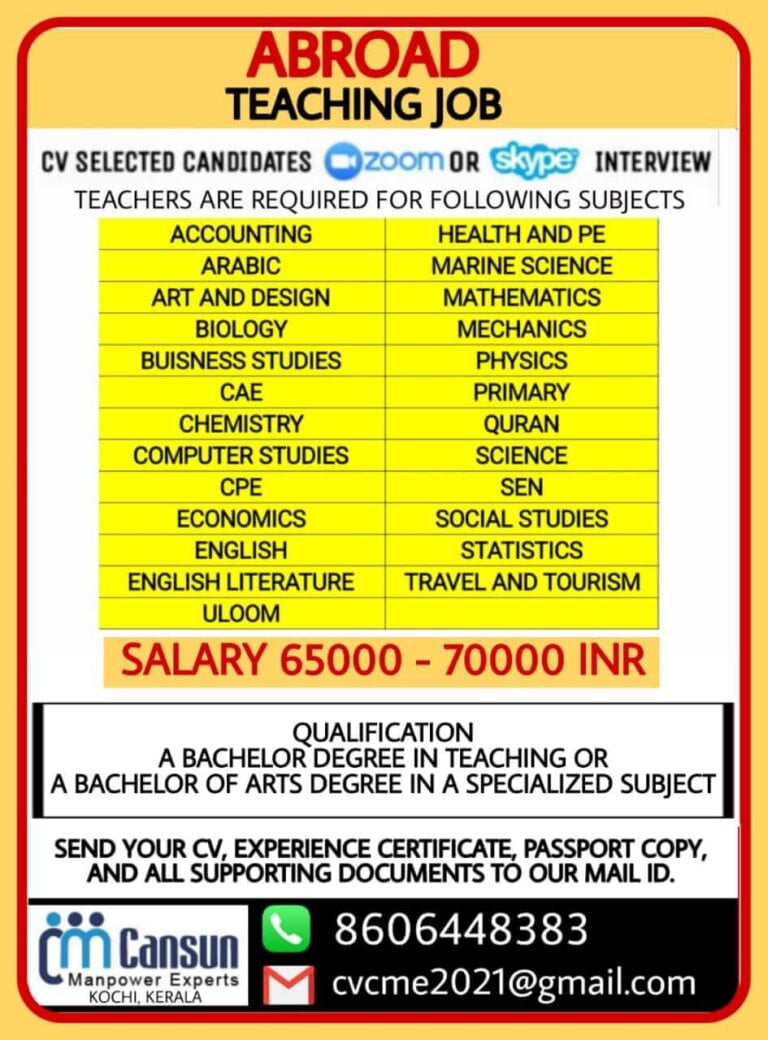 Teaching Jobs In Abroad – Large Requirement For Teachers In Various Subjects
