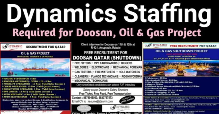 Qatar Vacancy –  Requirement For Doosan And Oil & Gas Project | Dynamic Staffing Services