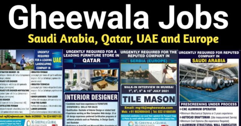 Jobs In Gulf And Europe – Gheewala Large Job Vacancy Requirement For Furniture Store / Construction Company