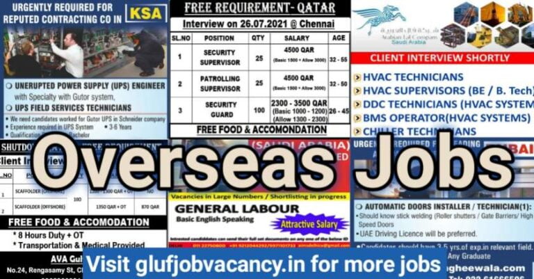 Overseas Jobs – Free Requirement For Indians | Gulf Job Vacancy 2021