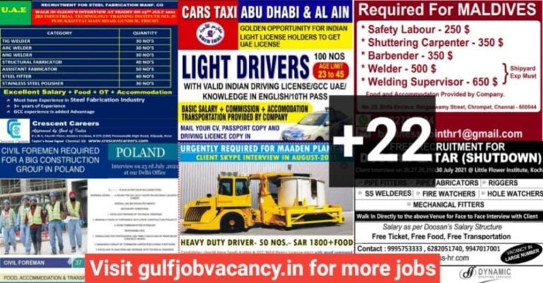 Overseas Jobs – Gulf Job Vacancy Across India 24th July 2021