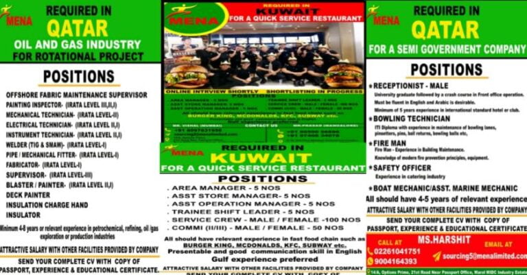 Gulf Visa – Requirement For Korean Company / Restaurant / Oil And Gas Industry | Qatar And Kuwait Vacancy