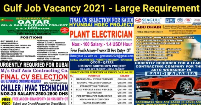 Gulf Job Vacancy 2021 – Job Interviews For Qatar, Saudi And Dubai