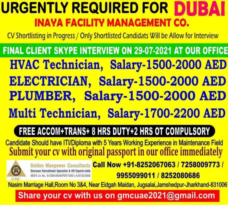 Jobs In Dubai – Requirement For Inaya Facility Management Company