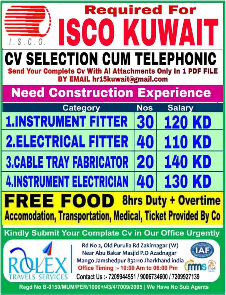 ISCO Kuwait – Gulf Jobs Required For A Leading Company | Rolex Jamshedpur