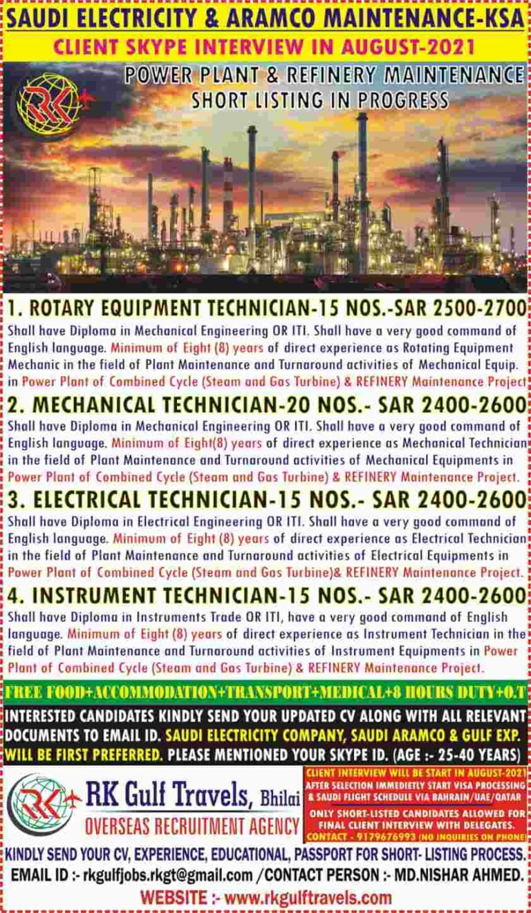 Jobs In KSA – Requirement For Power Plant And Refinery Maintenance