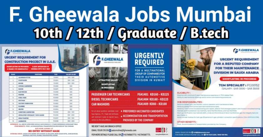 Read more about the article Gulf Jobs – F Gheewala Job Interviews For Saudi, Qatar, Kuwait And UAE