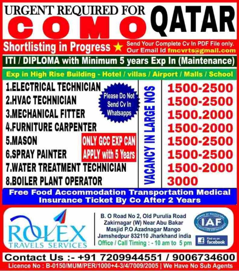 Jobs In Qatar – Urgently Required For COMO Qatar