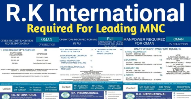Overseas Jobs – Required For A Leading MNC | R K International