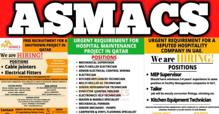 Gulf Jobs – ASMACS Group Qatar and UAE Vacancies